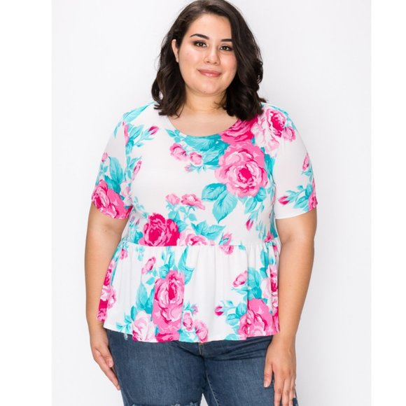 Tops - 1x-3x Plus powder blue& pink  frill hem tunic top